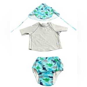 Baby Dinosaur Swim Set - Blue & Gray Sunshirt, Hat, Swim Diaper- 18 months
